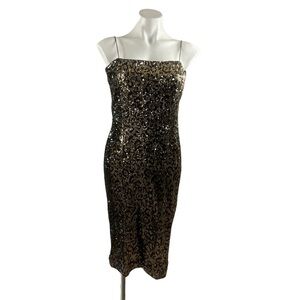 Milly Leopard Print Square Neck Spaghetti Strap Sequin Midi Shift Dress